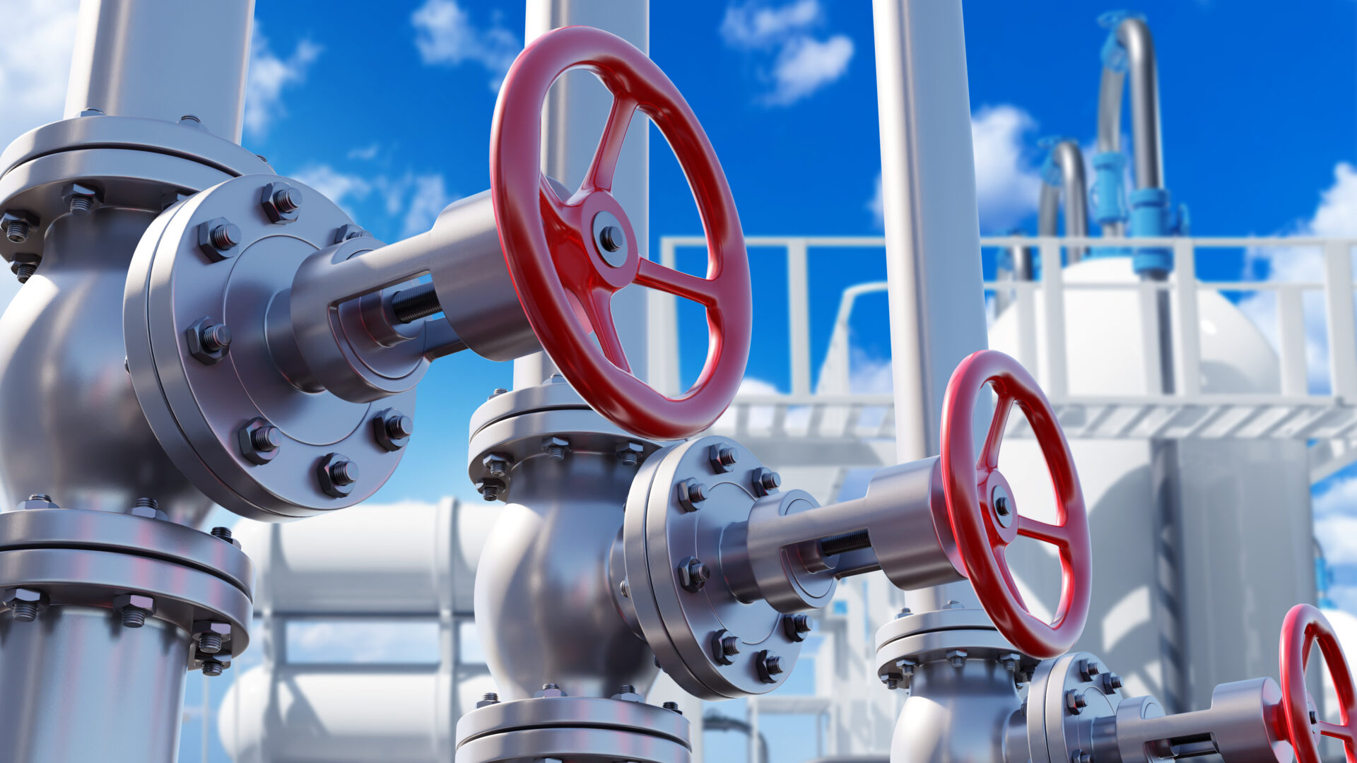 Gas pipes with pressure valves. Oil pipeline against sky. Gas pipes for supply of energy resources. Pipeline for pumping oil. Infrastructure for gas supply. Pipes for importing gasoline.